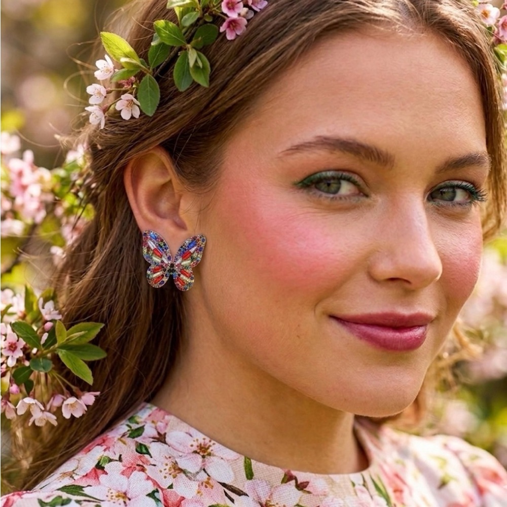 2/$30🌵 Butterfly Colorful Sparkling Stud Earrings Cocktail Rhinestone NEW